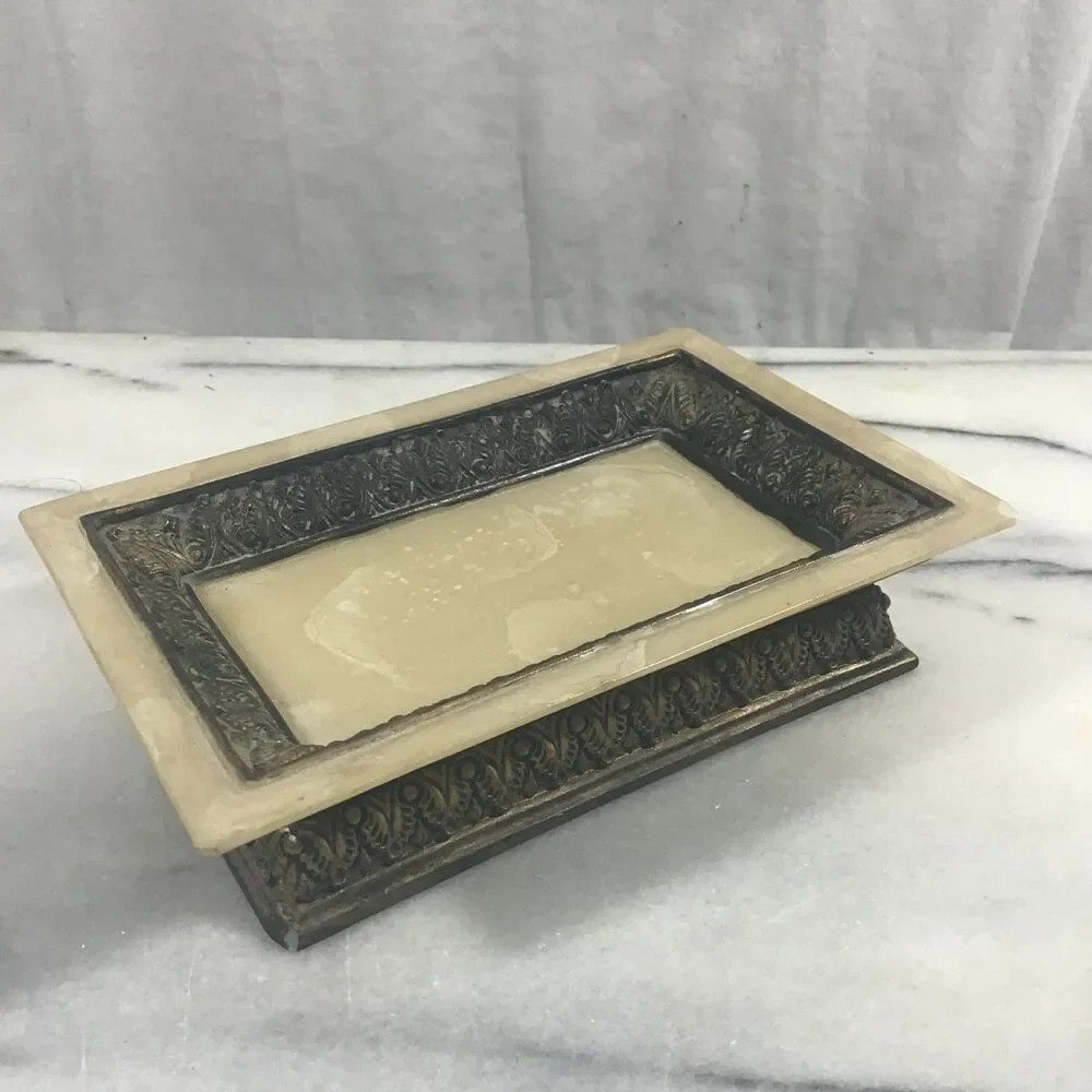 Vintage Onyx Alabaster & Ornate Bronze Tone Metal Soap Dish or Tray